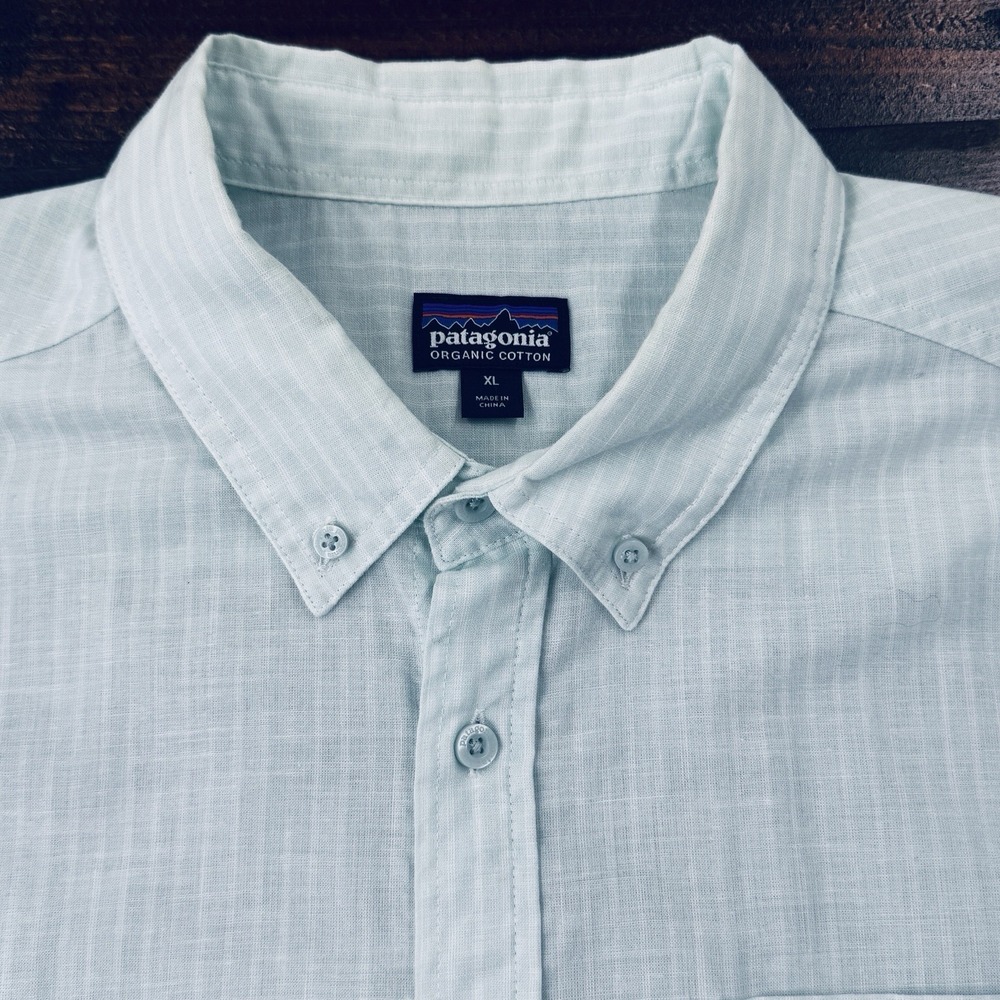 Patagonia Mens XL Worn Wear  Shirt Ticking Stripe Organic Cotton Blend Lt Blue - Picture 2 of 10